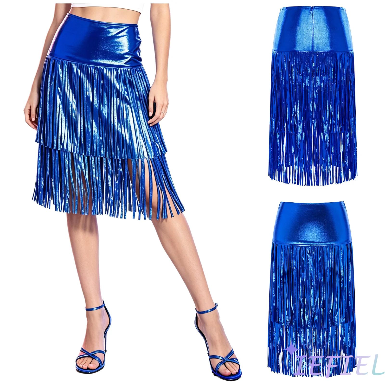 Pencil Skirt Midi - Women Metallic Shiny Fringed Midi Skirt