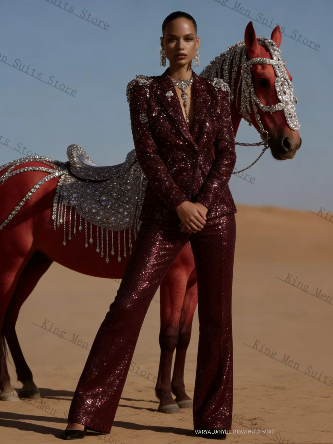 Women'S Formal Wear For Wedding Guest - Burgundy Shiny Women Suit Set 2