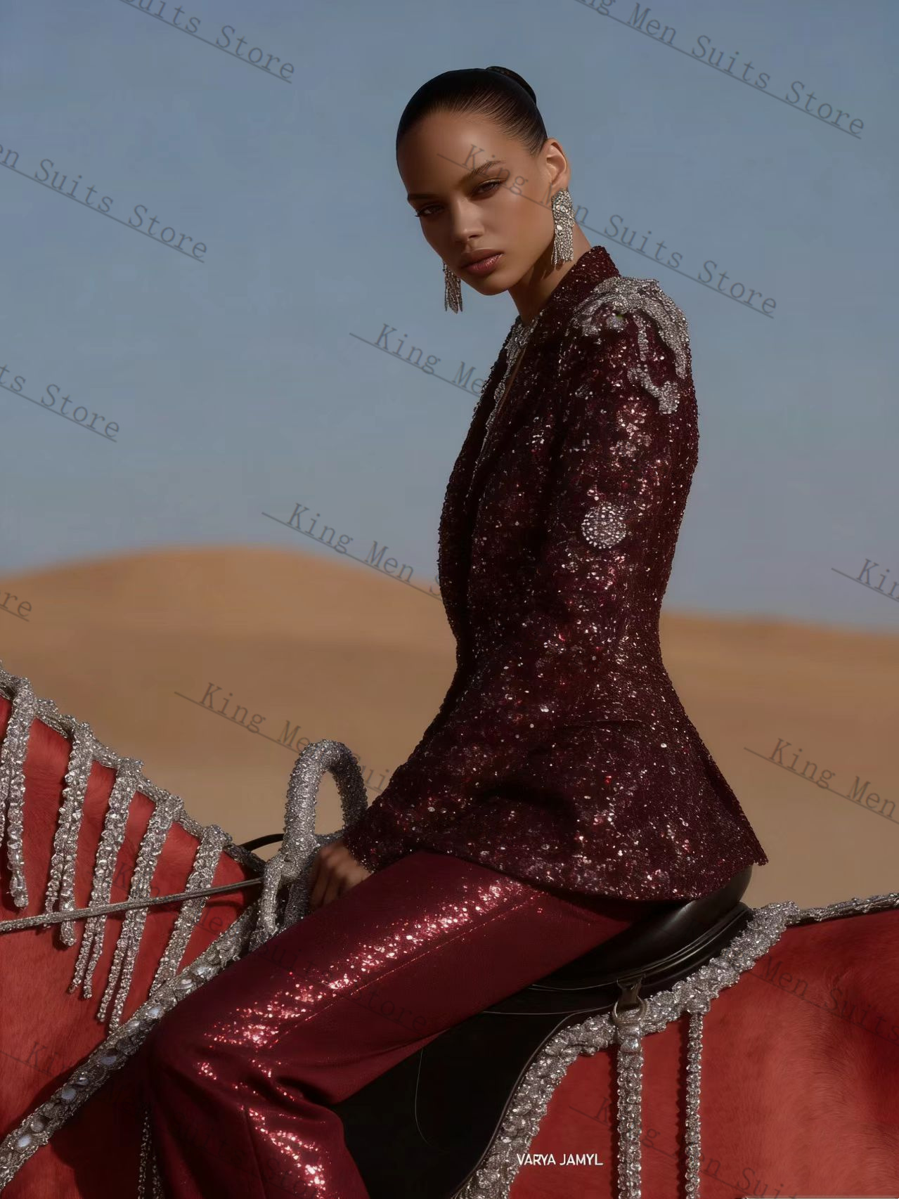 Burgundy Shiny Women Suit Set  - đánh giá và giá Women'S Formal Wear For Wedding Guest