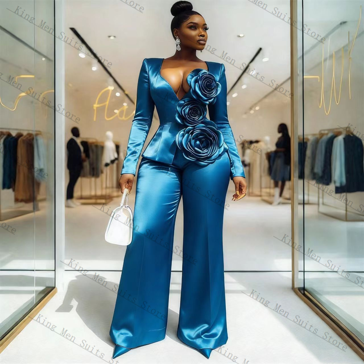Blue Satin Women Suit Set 2 Pc - đánh giá và giá Women'S Formal Wear For Wedding Guest