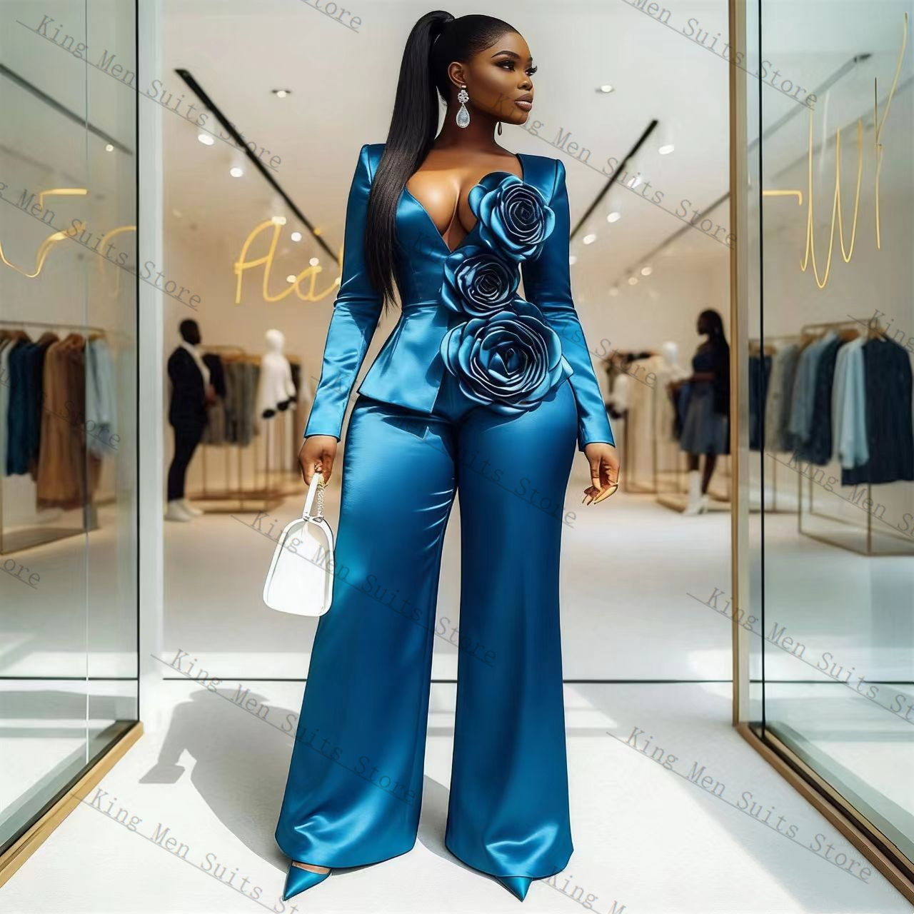 Blue Satin Women Suit Set 2 Pc - đánh giá và giá Women'S Formal Wear For Wedding Guest